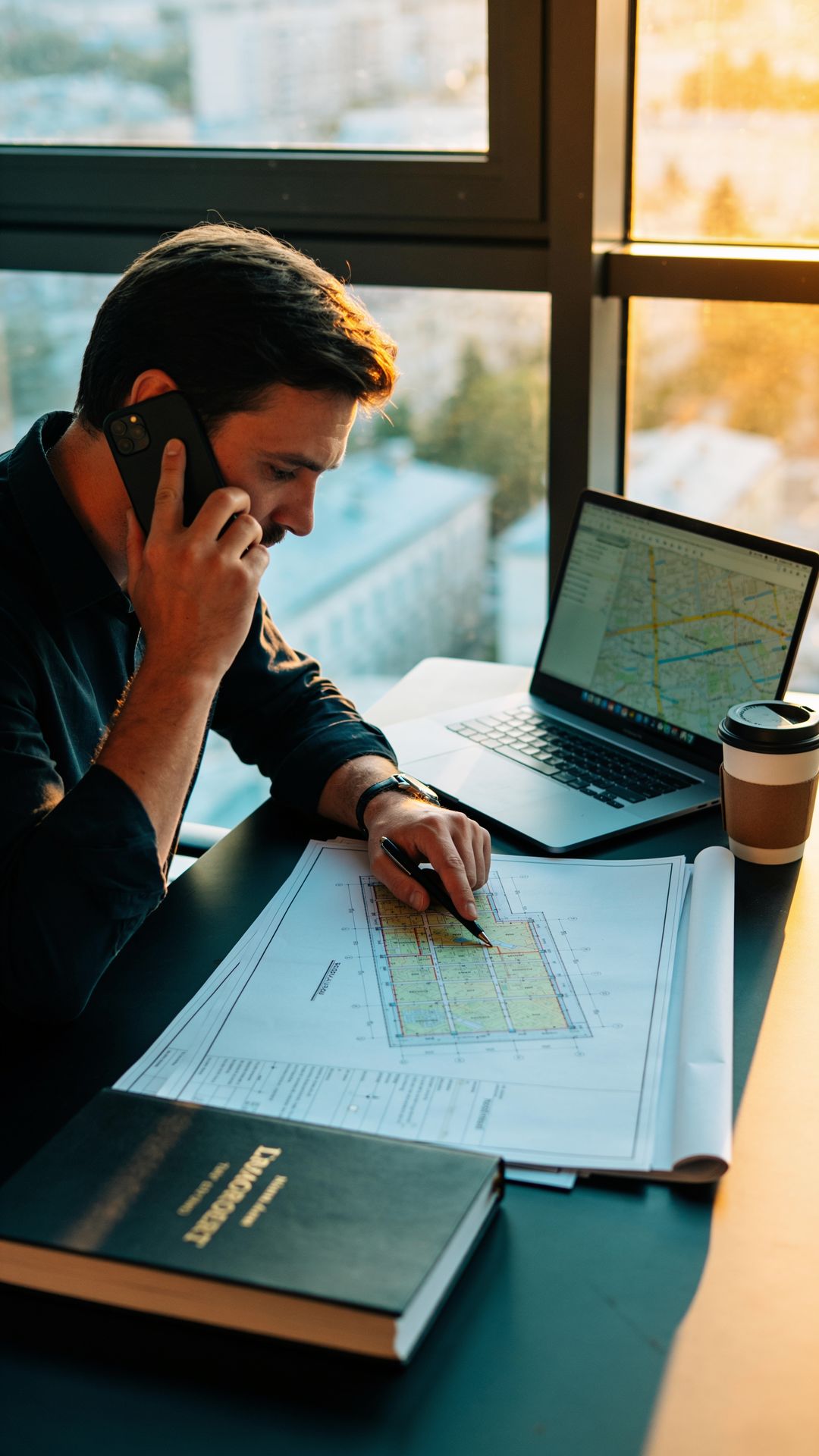 Inginer EVO CAD discutând la telefon lucrarea, cu planul cadastral și extrasul de carte funciară pe birou