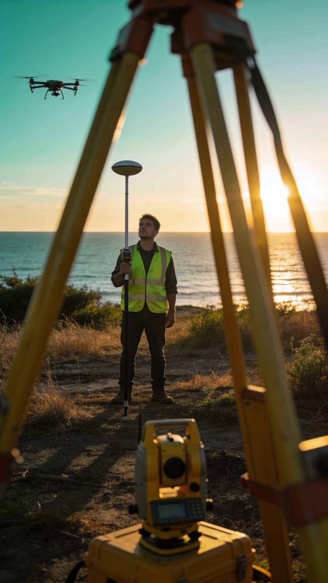 Topograf cu receptor GNSS pe teren, stație totală în prim-plan și dronă deasupra