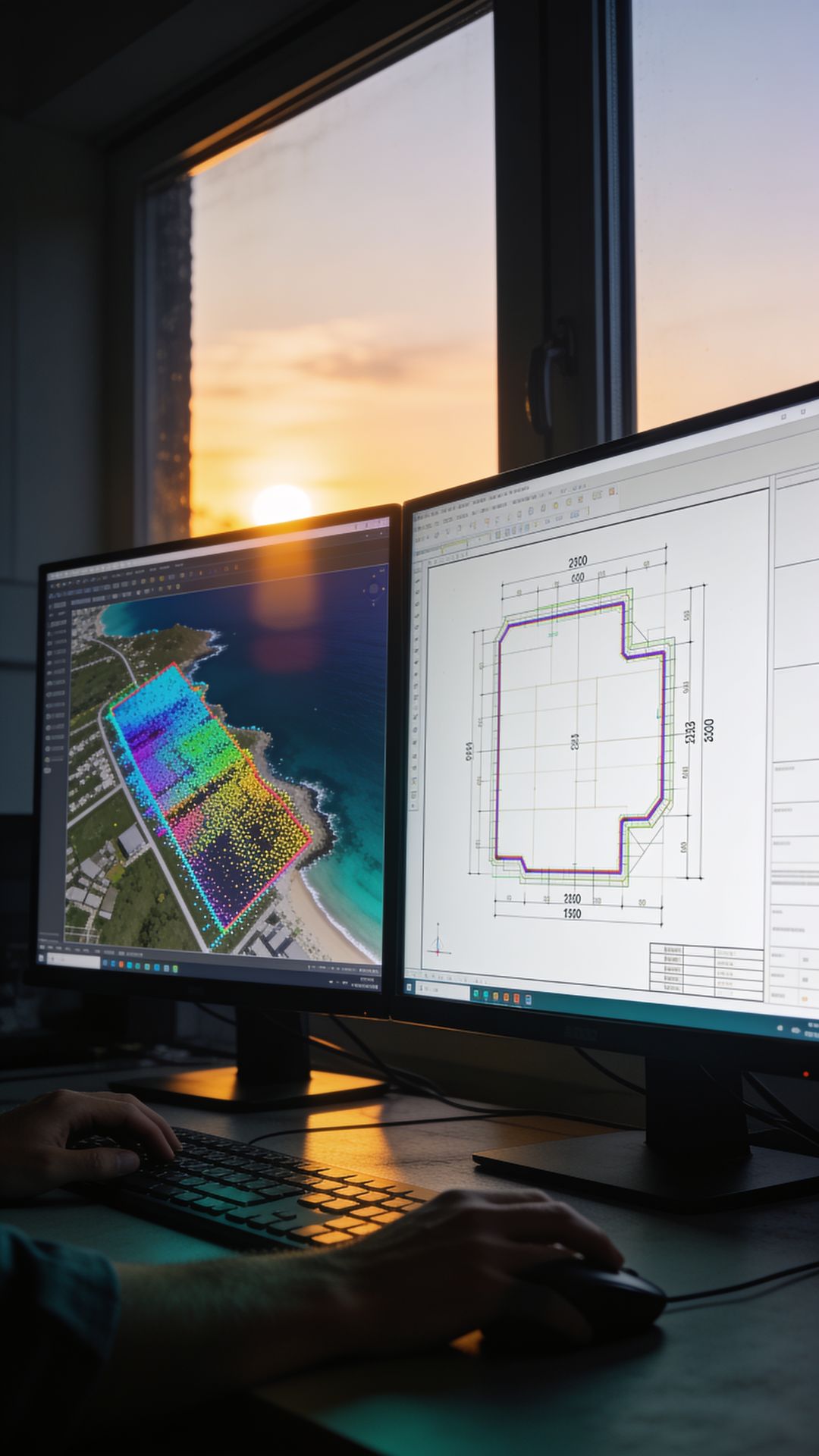 Prelucrarea datelor: nor de puncte și plan cadastral în CAD pe două monitoare
